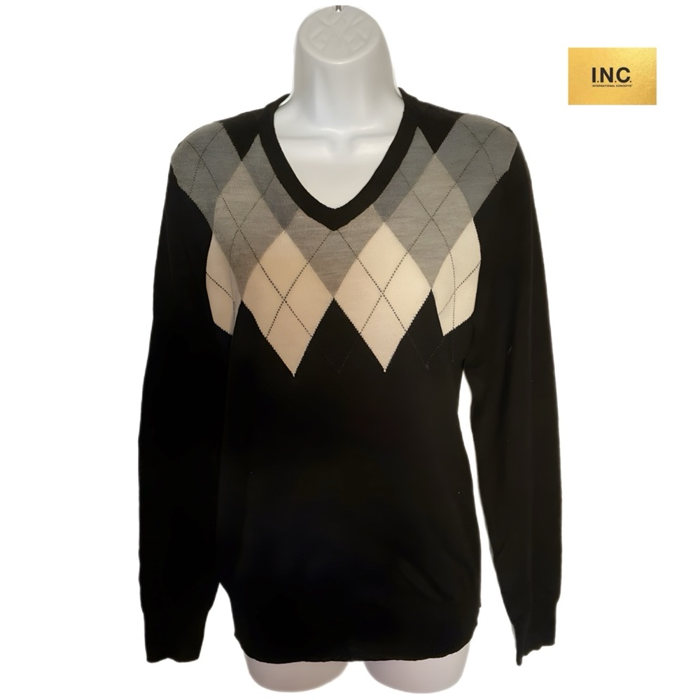 I.N.C. Int’l Concepts M Sweater Pullover Unisex Merino Wool Blend Black & Gray